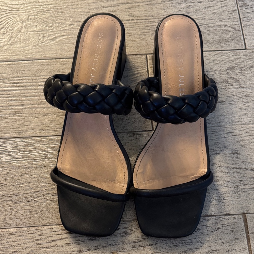 Black Braided Strap Women's Heeled Sandals